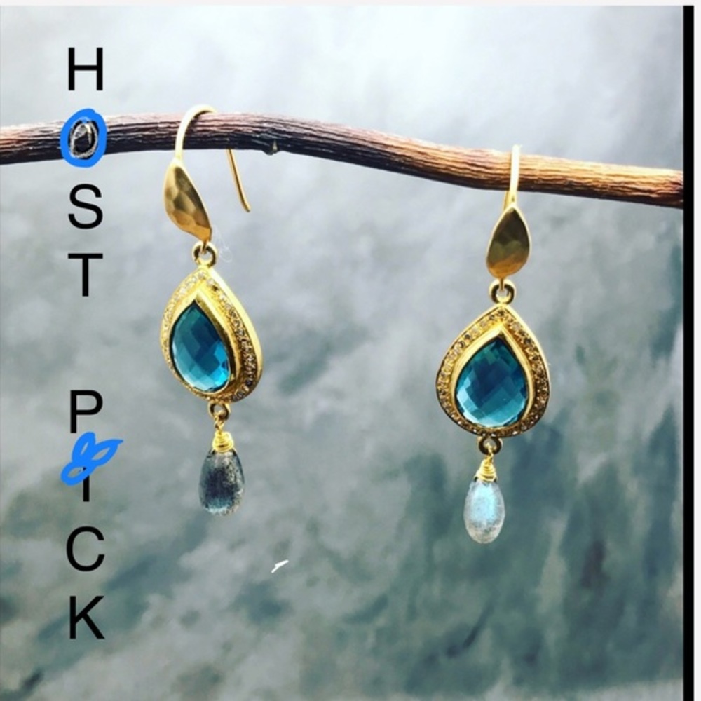 Diamonds pave blue topaz labradorite earrings